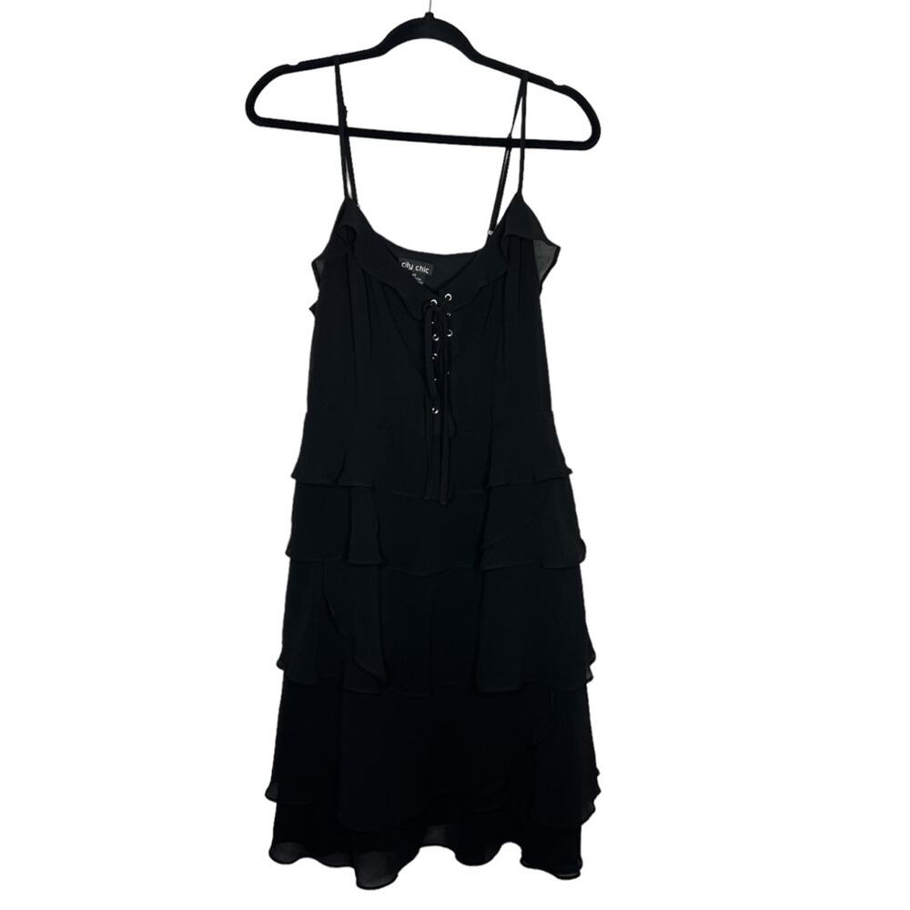 CITY CHIC / black ruffled tiered lace up chiffon dress / XS (14)
